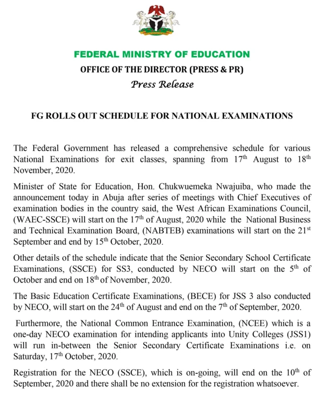 Nigerian schools resumption and Waec examination date: NECO, NABTEB, NBAIS, Junior Waec and National Common Entrance exam timetable