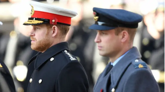 Prince Harry, Duke of Sussex and Prince William, Duke of Cambridge attend the annual Remembrance Sunday memorial at The Cenotaph on November 10, 2019 in London, England