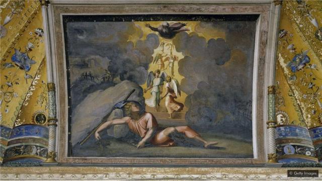 文艺复兴时期的艺术家们青睐圣经故事，比如拉斐尔1518年为梵蒂冈宫殿天花板绘制的《雅各之梦》。