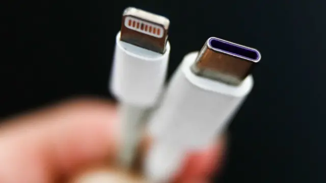 Um carregador USB tipo C ao lado do cabo Lightning proprietário da Apple