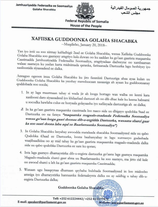 Qoraalka ka soo baxay Baarlamaanka