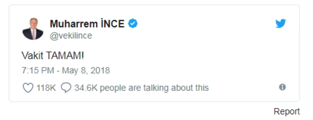 এরদোয়ানের সময় শেষ হয়ে এসেছে বলে টুইট করেছেন বিরোধীদলের প্রেসিডেন্ট প্রার্থী মুহাররেম ইন্স।