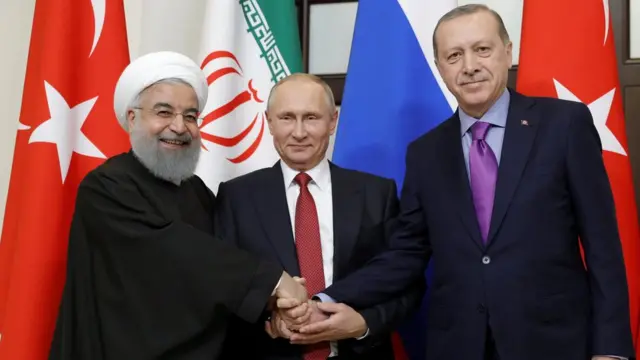 İran Cumhurbaşkanı Hasan Ruhani, Rusya Devlet Başkanı Vladimir Putin ve Cumhurbaşkanı Recep Tayyip Erdoğan