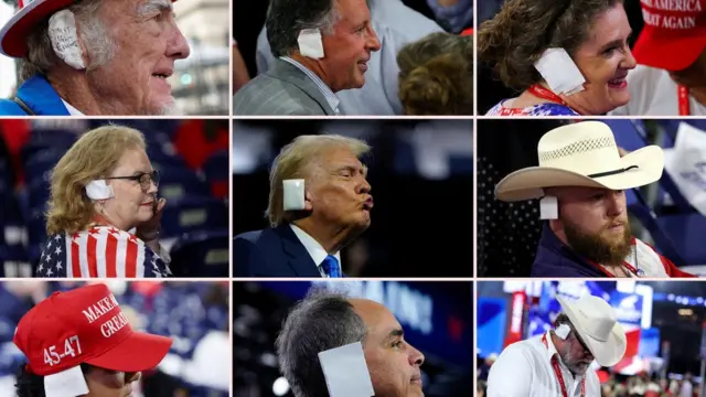 A combination image shows Republican presidential nominee and former U.S. President Donald Trump with a bandaged ear after he was injured in an assassination attempt, and supporters and attendees wearing bandages over their ears in tribute to Trump during the Republican National Convention (RNC) in Milwaukee, Wisconsin, U.S., July 16, 2024 and July 17, 2024.