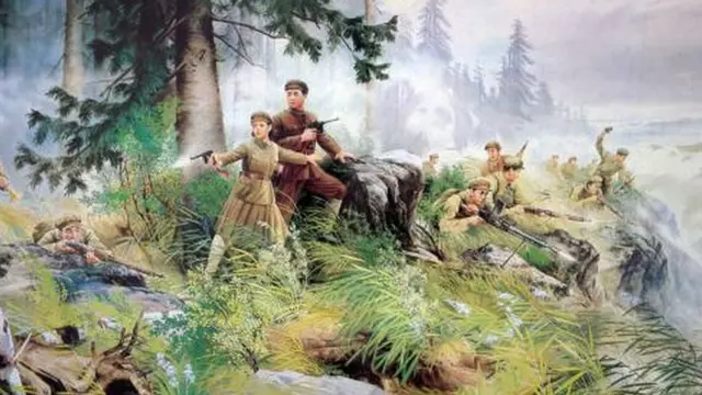 لوحة تمثل المعارك التي خاضها كيم إيل سونغ ضد اليابانيين في ثلاثينيات القرن الماضي