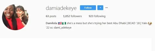 Instagram page for Oludamilola Adekeye