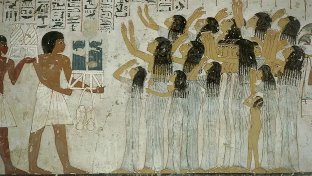 مشهد لمراسم جنائزية، مع وجود النائحات، رسم على جدران مقبرة الوزير رعموزا (رع مس)، الأسرة الـ 18