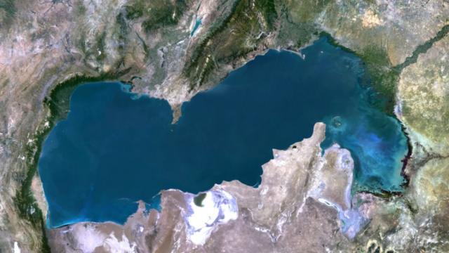 True colour satellite image of the Caspian Sea in Asia. It is bounded by Iran, Russia, Kazakhstan, Turkmenistan and Azerbaijan.