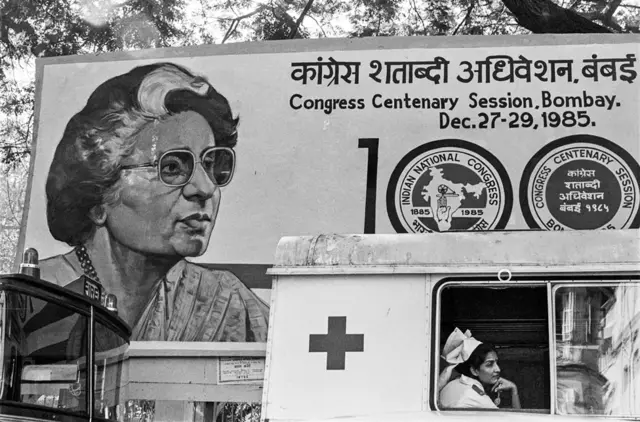 A poster of former Prime Minister Indira Gandhi during the Congress party's centenary celebrations in 1985