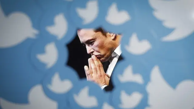 Une image du nouveau propriétaire de Twitter, Elon Musk, est entourée du logo de Twitter.