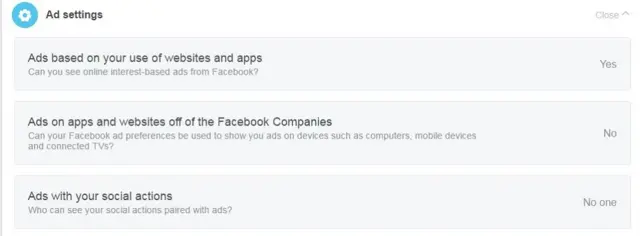 The Facebook ads settings page