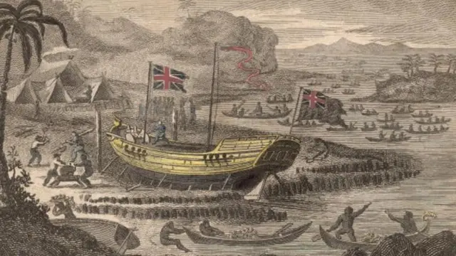 Un grabado que muestra el barco de Henry Wilson capitán de la British East India Company, a punto de salir de las Islas Pelew, después la República de Palaos, en 1783.