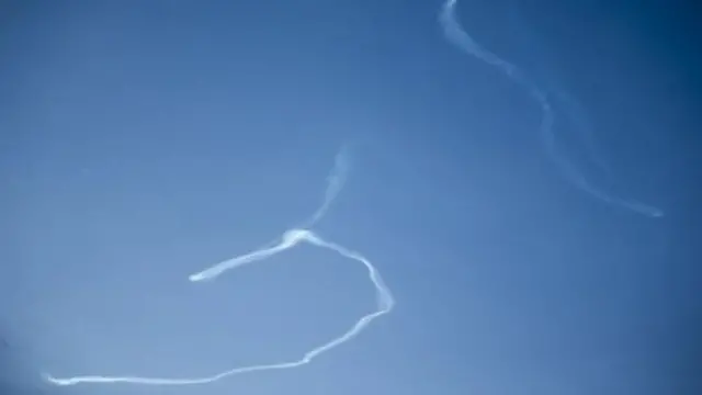 Anti-aircraft fire smoke over the Syrian-Israeli border in the Golan Heights