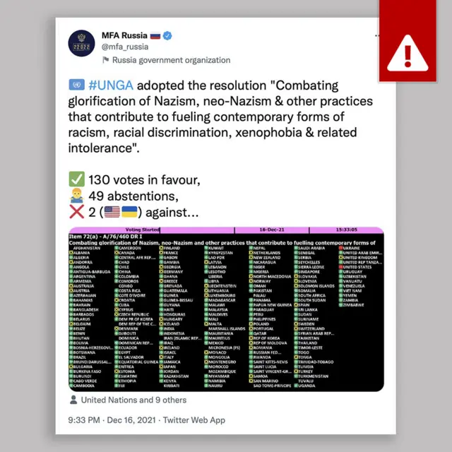 Un tweet du ministère russe des Affaires étrangères sur les résultats du vote de l'ONU autour de la glorification du nazisme