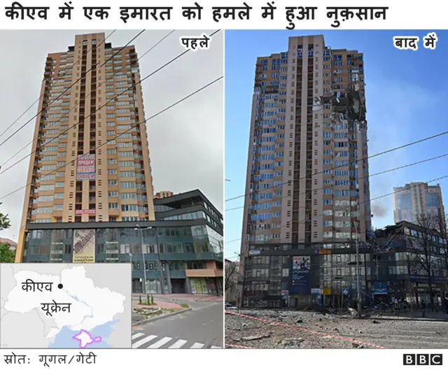 कीएव में हमले के पहले और बाद की तस्वीर