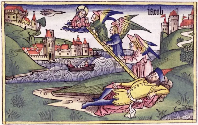 Библейская лестница Якова. Иллюстрация неизвестного художника из рукописной Библии XV века.