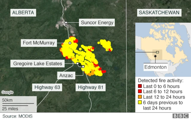 フォートマクマリー（Fort McMurray）付近の延焼範囲（色が濃いほど最近）