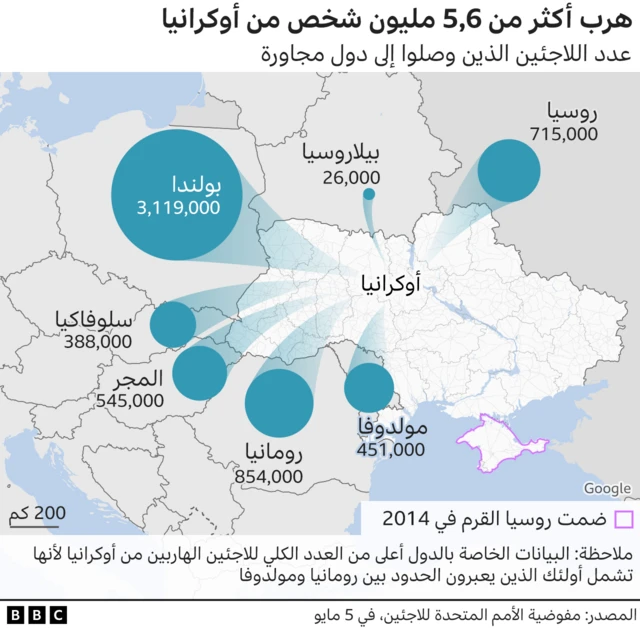 خريطة توضح عدد اللاجئين