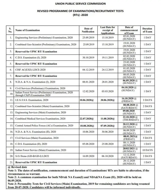 UPSC exams calendar