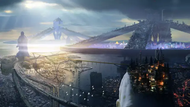 رسم لصورة مدينة مستقبلية. في الخلفية، توجد مدينة خافتة الأضواء مطلة على مسطح مائي، ويوجد تمثال ضخم في احد الجوانب. أشعة الشمس تظهر من وراء الغيوم، لتضيء أبنية ضخمة ثلاثية الأرجل