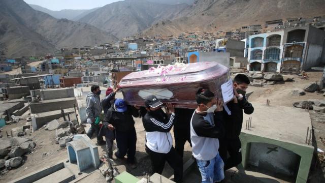 Familiares entierran a Teofilo Yovera Yarleque en el cementerio Mártires 19 de Julio en Lima, Perú.