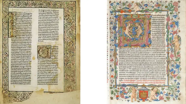 Página iluminada del De civitate dei (De la Ciudad de Dios), de Agustín de Hipona (izq). Traducción al español de 1446-82. Artista Cano de Aranda (der).
