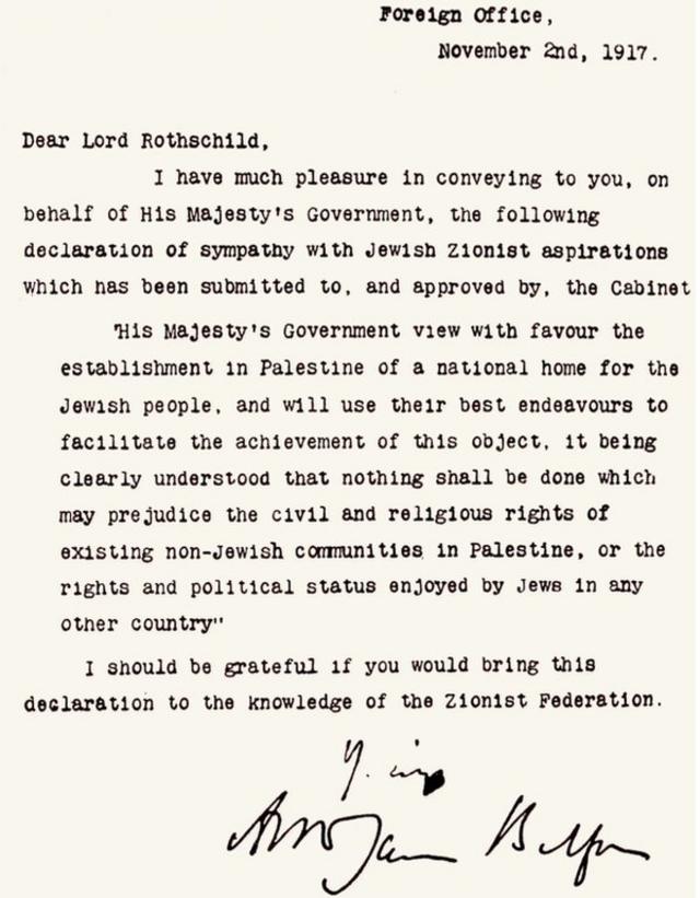 Foto del texto de la Declaración Balfour.
