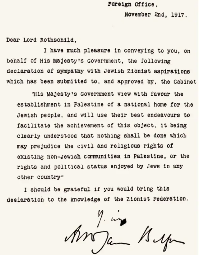 Foto del texto de la Declaración Balfour.