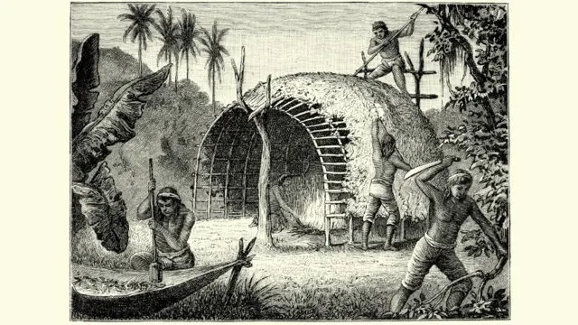 Grabado de fines del siglo XVIII que retrata indígenas paraguayos cosechando y secando yerba mate (Ilex paraguariensis).