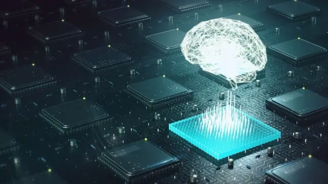 Ilustración de un cerebro conectándose a un chip.