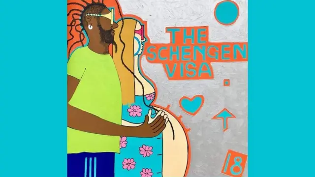 Малюнок - африканець з білою жінкою прямують до напису "Шенгенська віза"