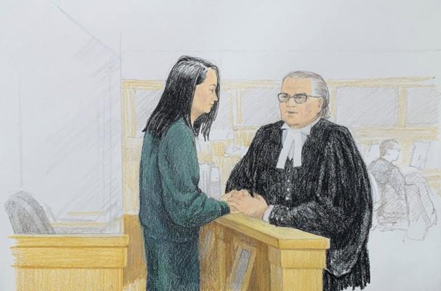 2018年12月10日保释聆讯法庭画像，孟晚舟与律师交谈