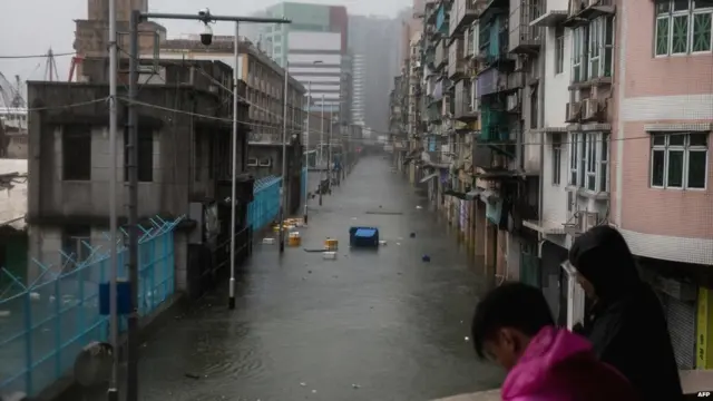 A street flooded by a storm surge during Super Typhoon Mangkhut in Macau on 16 September 2018.