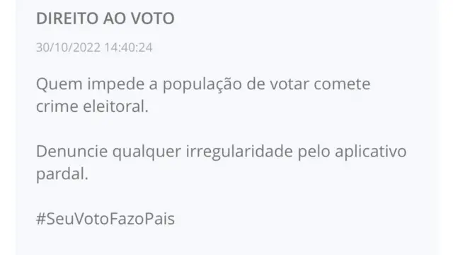 Mensagem enviada pelo TSE aos eleitores