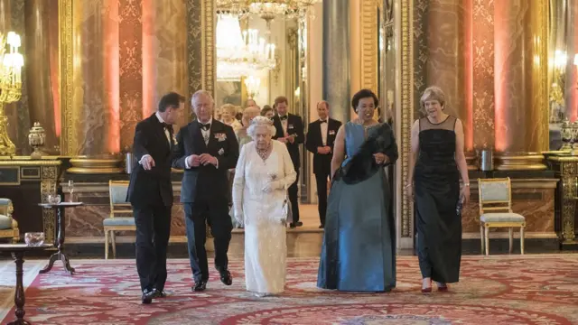 Queen Elizabeth II, Prince Charles, Prince of Wales, Commonwealth Secretary-General Patricia Scotland and Prime Minister Theresa May