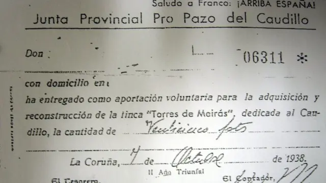 Recibo de una aportación realizada para sufragar la compra del Pazo de Meirás.
