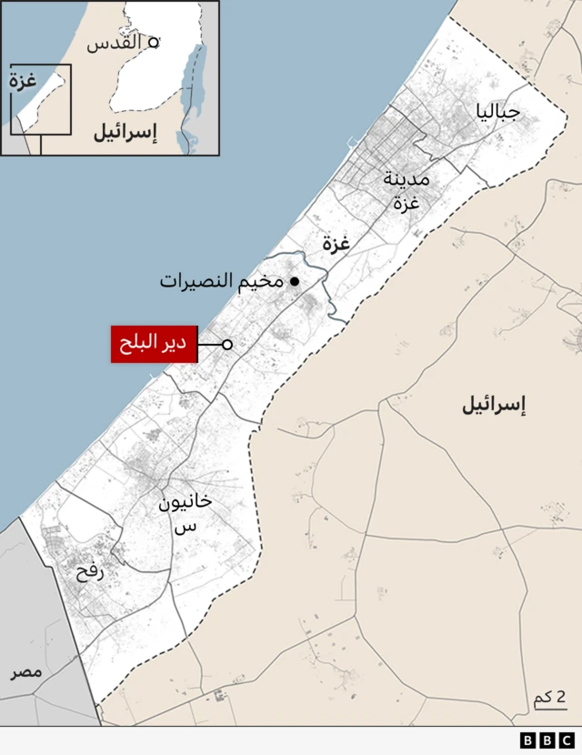 خارطة لقطاع غزة تُظهر مدينة دير البلح وسط القطاع.