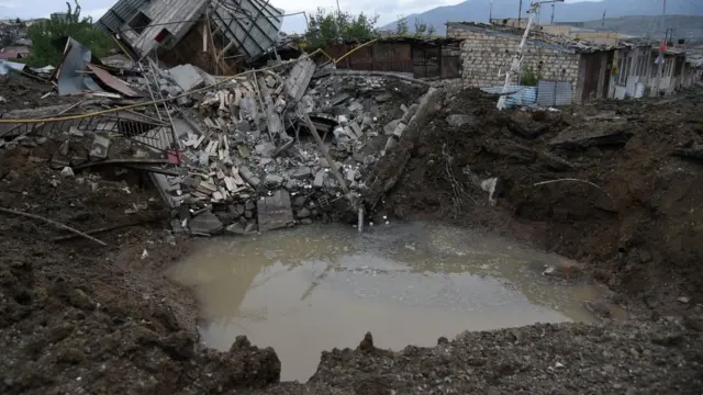 A view shows aftermath of recent shelling during the ongoing fighting between Armenia and Azerbaijan over the breakaway Nagorno-Karabakh region, in the disputed region's main city of Stepanakert