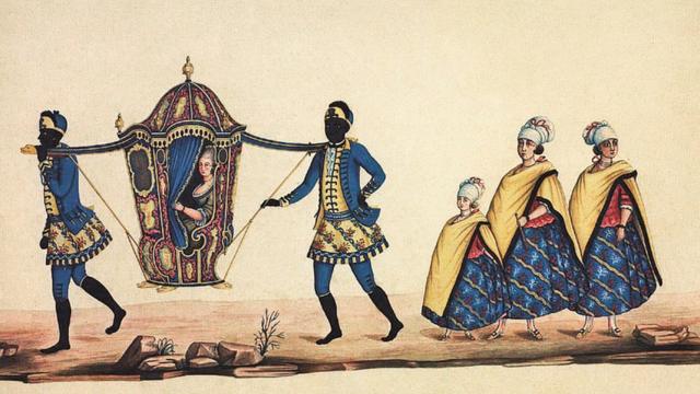 [Dama em liteira, carregada por escravos, e suas acompanhantes], aquarela de Carlos Julião, último quarto do século 18. 35 x 45,5 cm. Fundação Biblioteca Nacional.