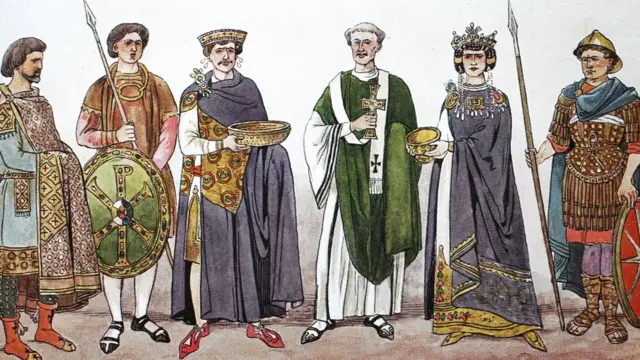 ملکہ تھیوڈورا (دائیں سے دوسرے نمبر پر) اور شہشناہ جسٹینین(بائیں سے تیسرے نمبر پر) کا تصوراتی خاکہ