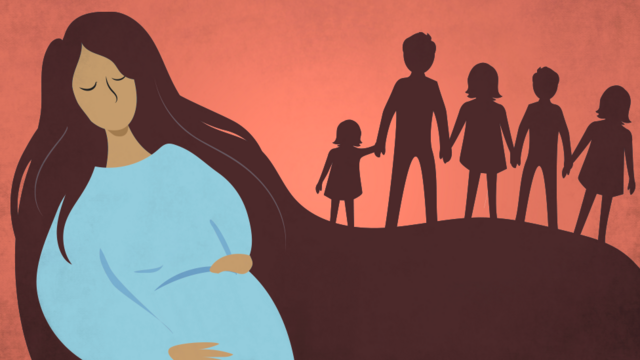 Illustration d'une femme enceinte et de cinq enfants en arrière-plan