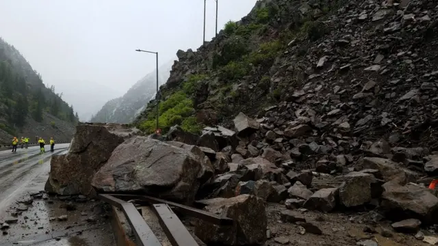 The piles of rocks caused by the landslide