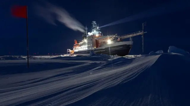 The Polarstern had three powerful search lights and was anchored on a large, stable sea ice floe