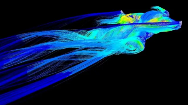 Испытания в аэродинамической трубе показывают, как потоки воздуха обтекают костюм