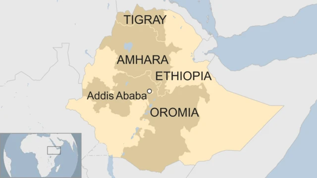 A map of Ethiopia showing Tigray, Amhara and Oromia.