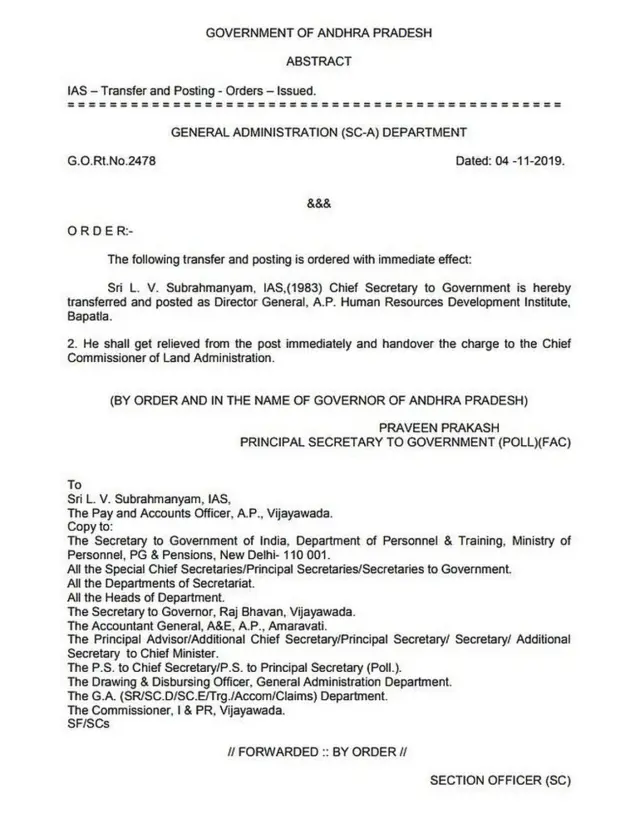 ఎల్వీ సుబ్రహ్మణ్యం బదిలీ ఉత్తర్వులు