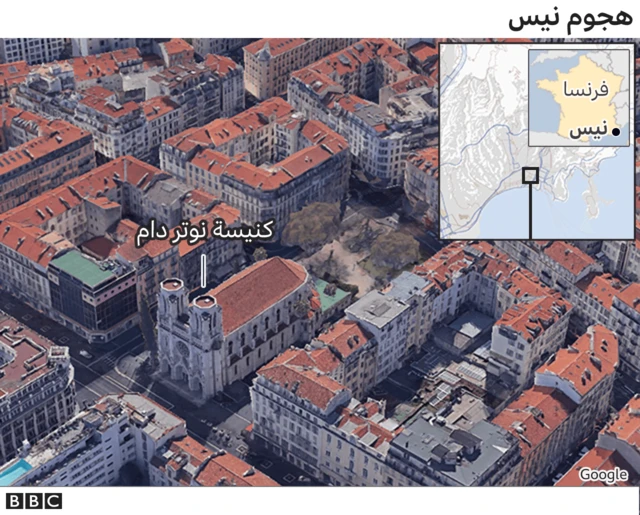 لقطة من غوغل تحدد موقع كنيسة روتردام، وفي الإطار، خريطة تحدد موقع نيس جنوبي فرنسا.