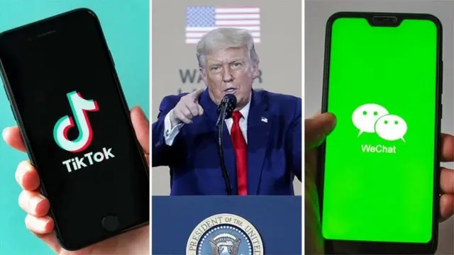 Tiktok, Wechat logo and Trump pic.