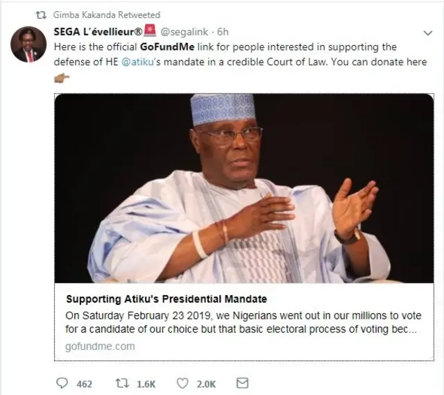 Twitter post from one man wey do online campaign to raise money for Atiku Abubakar