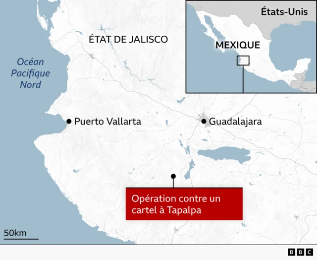 Une carte montrant l'emplacement de Tapalpa et de Jalisco.
